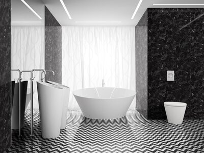 478336830 Schwarz-weißes Badezimmer